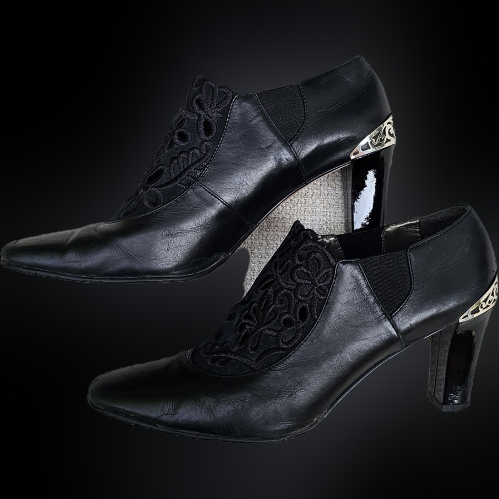 Brighton Black Leather Heeled Shoes with Lace Detail Silver Embellished 7.5 Med - Picture 8 of 11